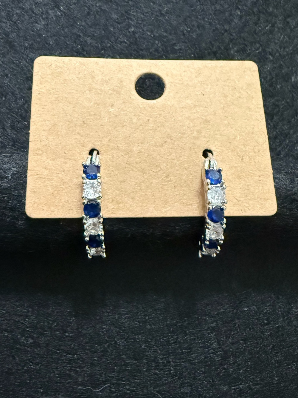 Hoop Earrings Sapphire Blue and Clear 
Round Cubic Zirconia Silver-tone New